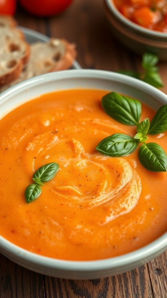 A creamy bowl of tomato bisque soup garnished with basil leaves, served with crusty bread on a rustic table.